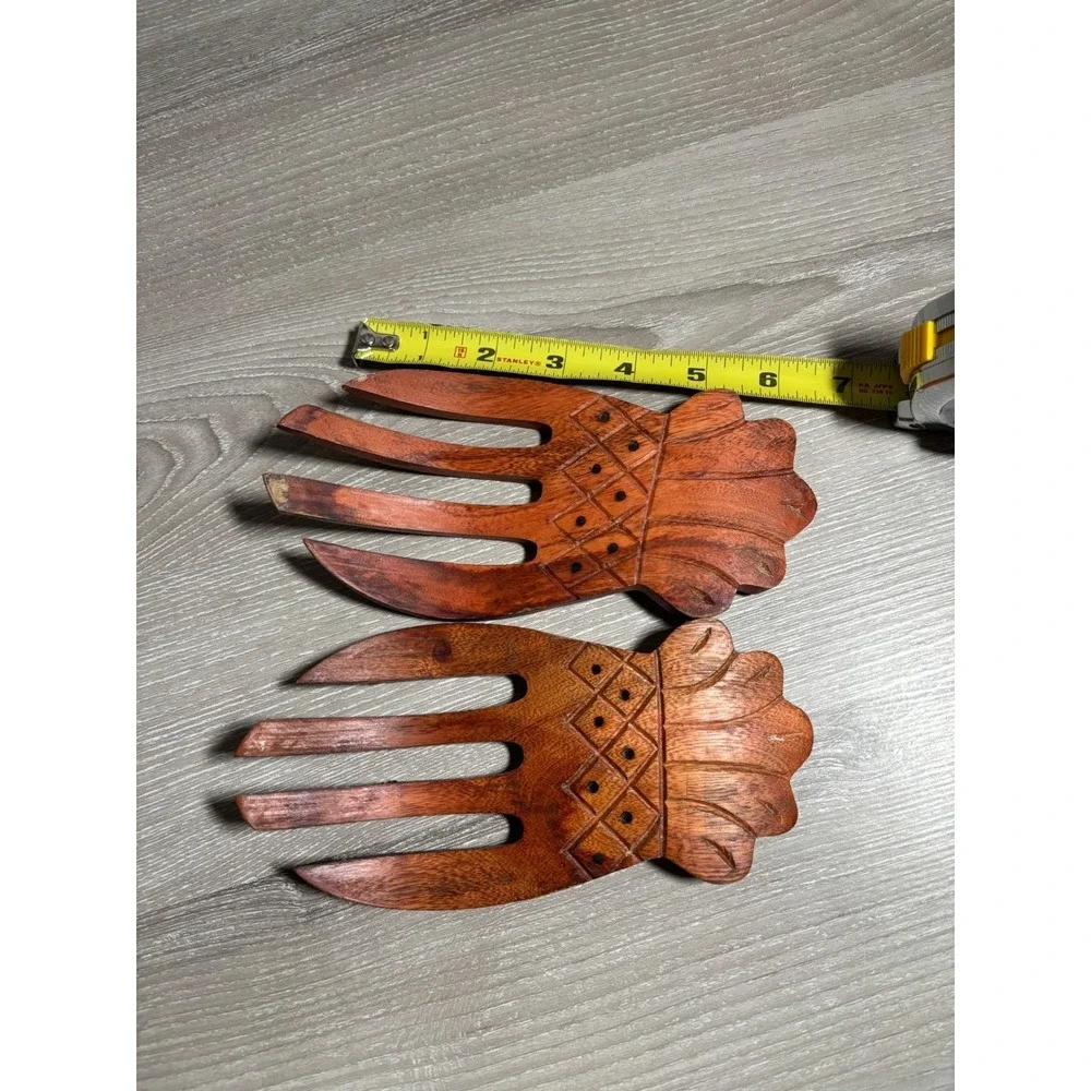 Vintage Hand‎ Carved Wooden Pineapple Salad Hands Servers Tropical Kitchen Decor